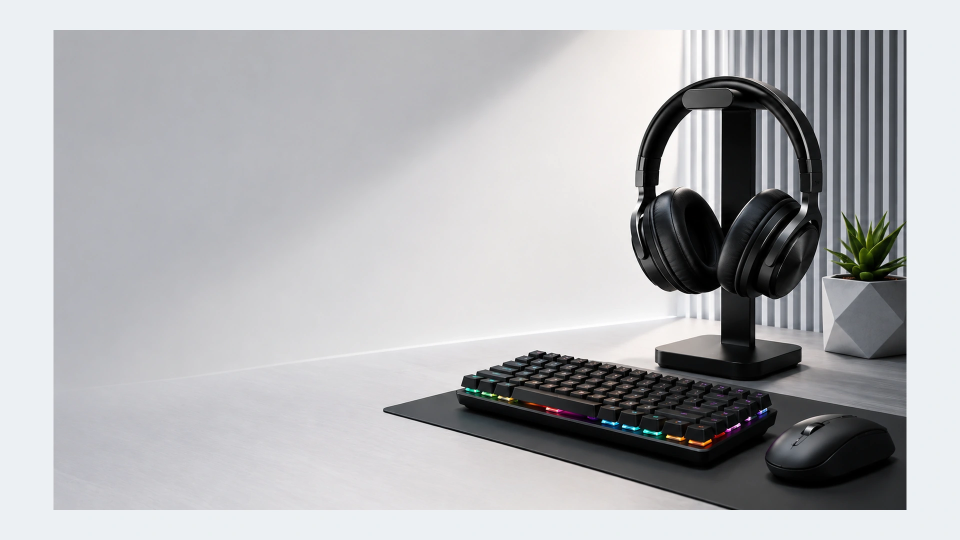Premium headphones, mechanical keyboard and mouse on a modern desk