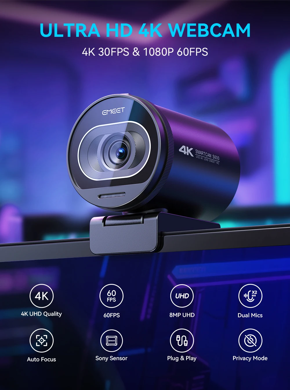 EMEET S600 4K Autofocus Webcam with Dual Microphones product image 8