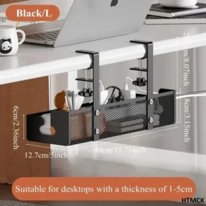 No-Drill Steel Under-Desk Cable Management Tray